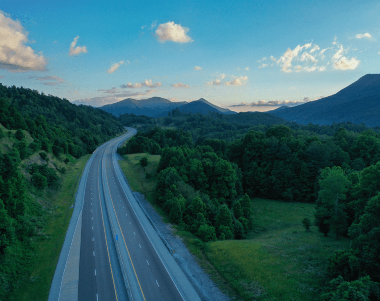 Landscape of mountains and a long winding road