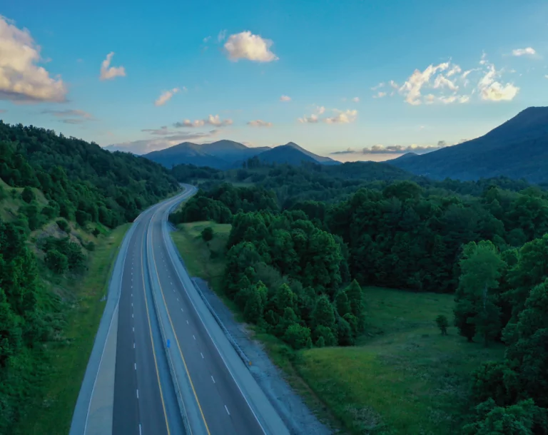 Landscape of mountains and a long winding road