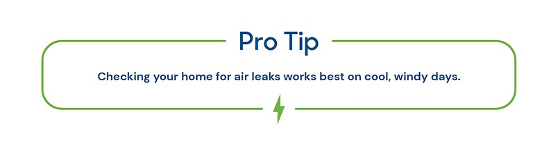 Graphic element that reads: Pro Tip: Checking your home for air leaks works best on cool, windy days.