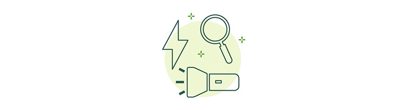 Graphic element showing a lightning bold, magnifying glass and flashlight.