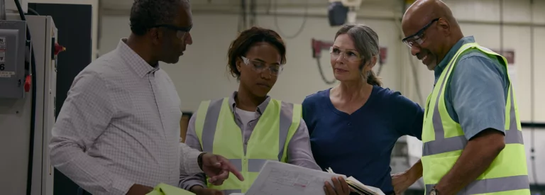 Facility team discusses equipment in an industrial setting.