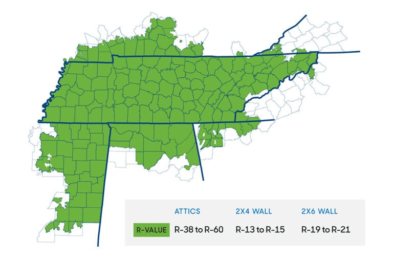 Illustration of the seven-state Tennessee Valley, showing recommended R-factor for insulation.