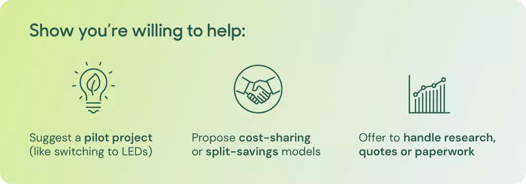 Graphic element: Show you're willing to help by switching to LEDs, propose a cost-sharing or split-savings model, offer to handle research, quotes or paperwork.