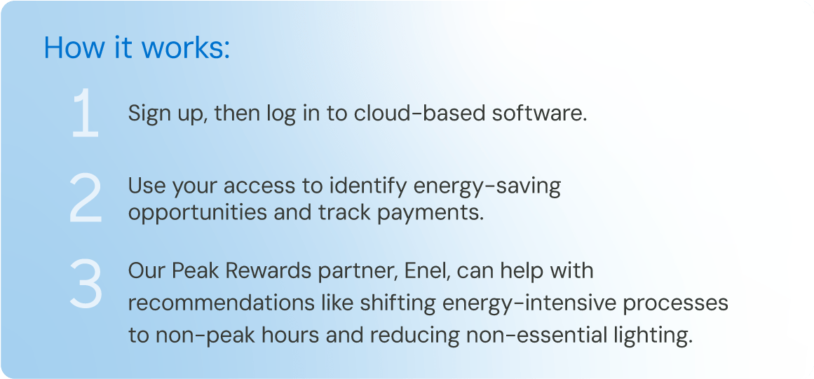 Illustration that reads: How it works: 1) Sign up, the log in to cloud-based software. 2) Use your access to identify energy-saving opportunities and track payments. 3) Our Peak Rewards partner, Enel, can help with recommendations like shifting energy-intensive processes to non-peak hours and reducing non-essential lighting.