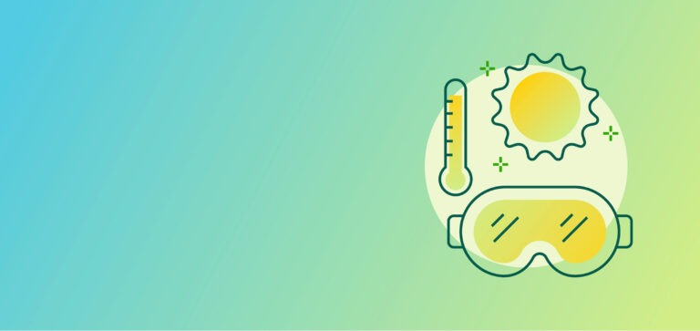 Stylized vector graphic featuring a sun, a thermometer displaying high heat, and protective goggles set against a blue-to-green gradient background.