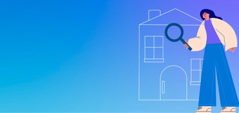 A homeowner holding a magnifying glass next to a line-art house.