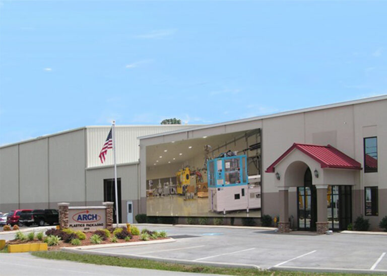 Exterior view of the Arch Plastics Packaging manufacturing facility showing an entry sign with the corporate logo, an American flag, and an inset view of the interior plant floor equipped with high-bay ceiling lighting and industrial packaging machinery.