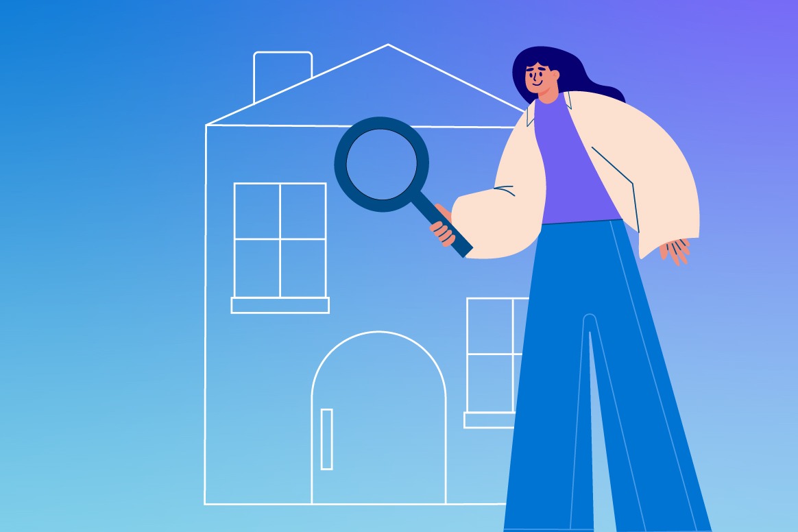 A homeowner holding a magnifying glass next to a line-art house.