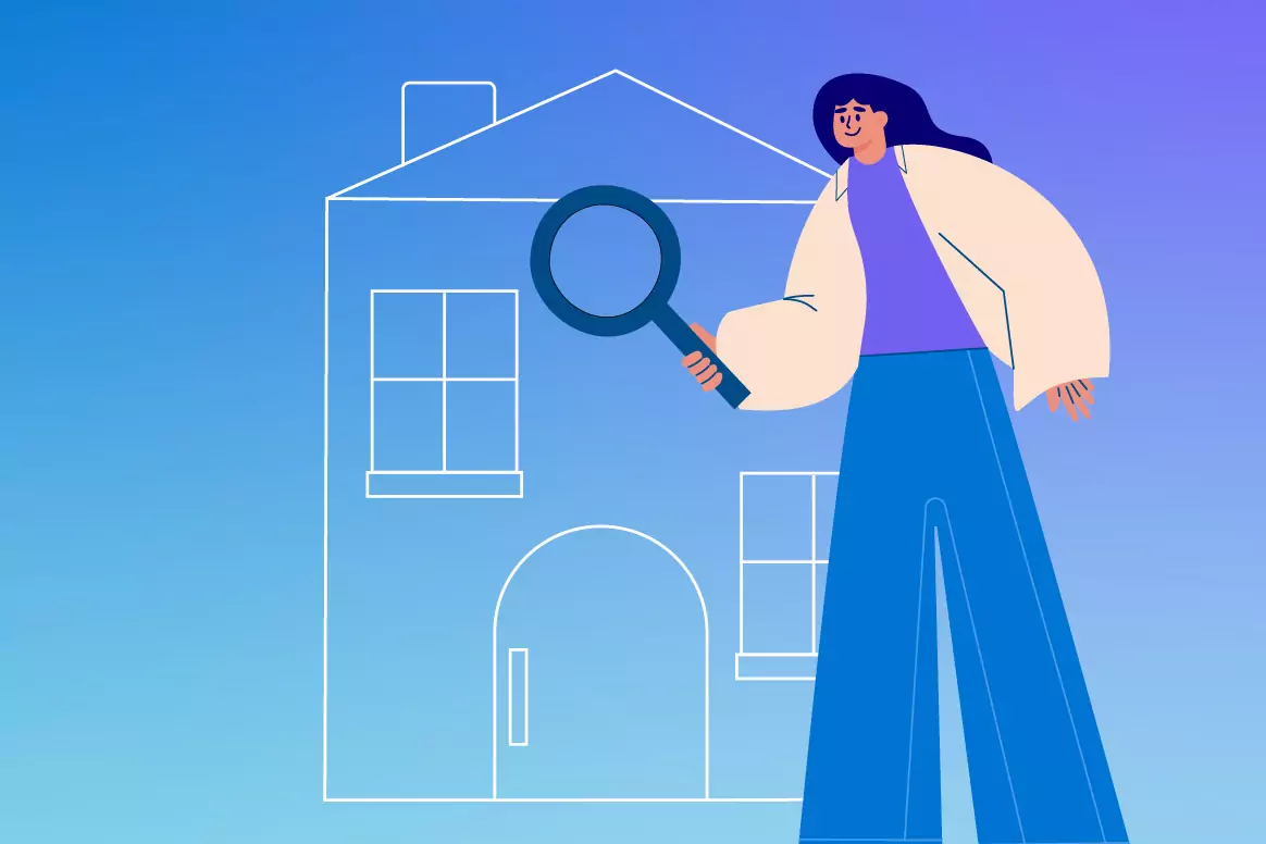 A homeowner holding a magnifying glass next to a line-art house.