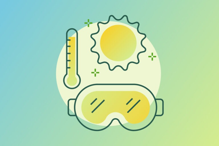 Stylized vector graphic featuring a sun, a thermometer displaying high heat, and protective goggles set against a blue-to-green gradient background.