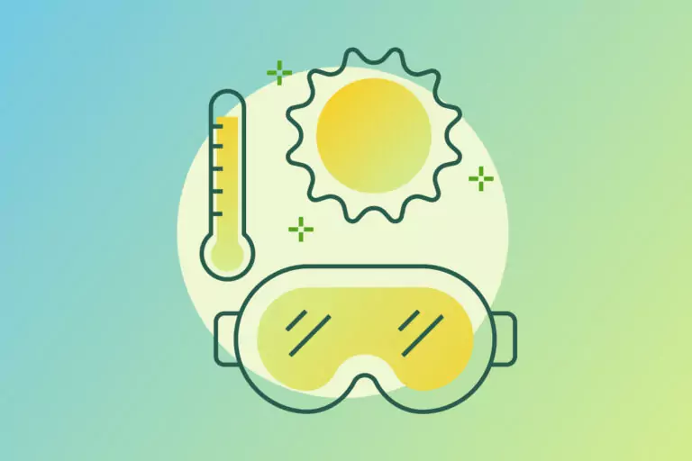 Stylized vector graphic featuring a sun, a thermometer displaying high heat, and protective goggles set against a blue-to-green gradient background.