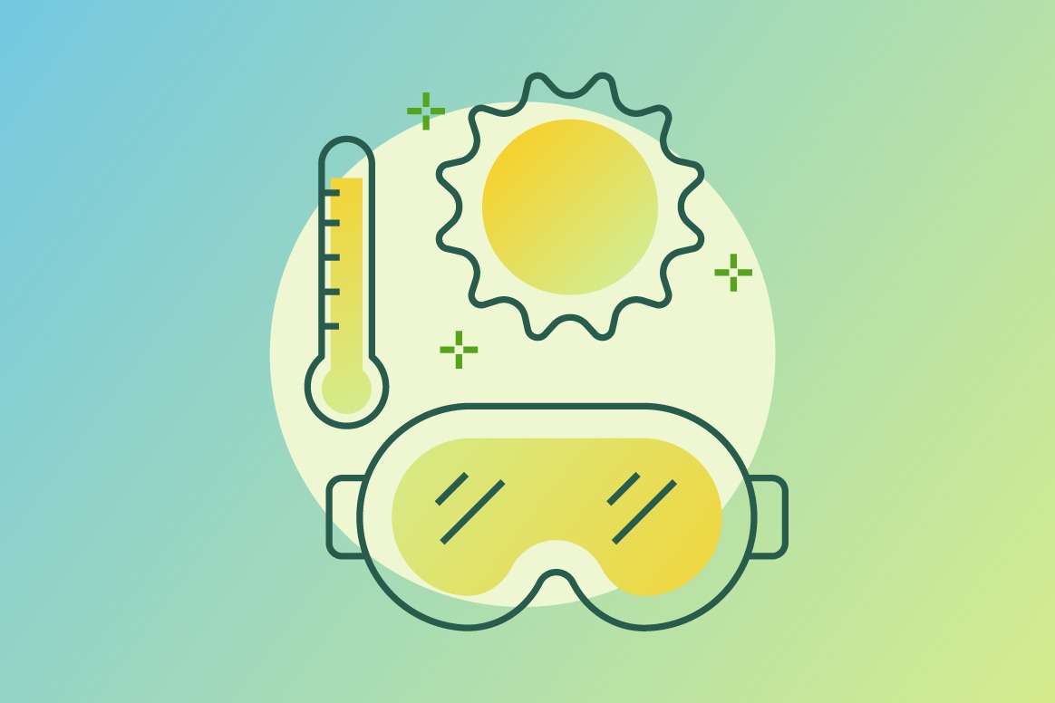 Stylized vector graphic featuring a sun, a thermometer displaying high heat, and protective goggles set against a blue-to-green gradient background.