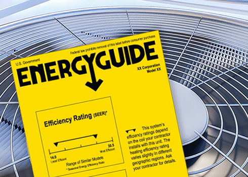 An ENERGYGUIDE label on a heat pump showing its SEER efficiency rating, vital for TVA EnergyRight savings.