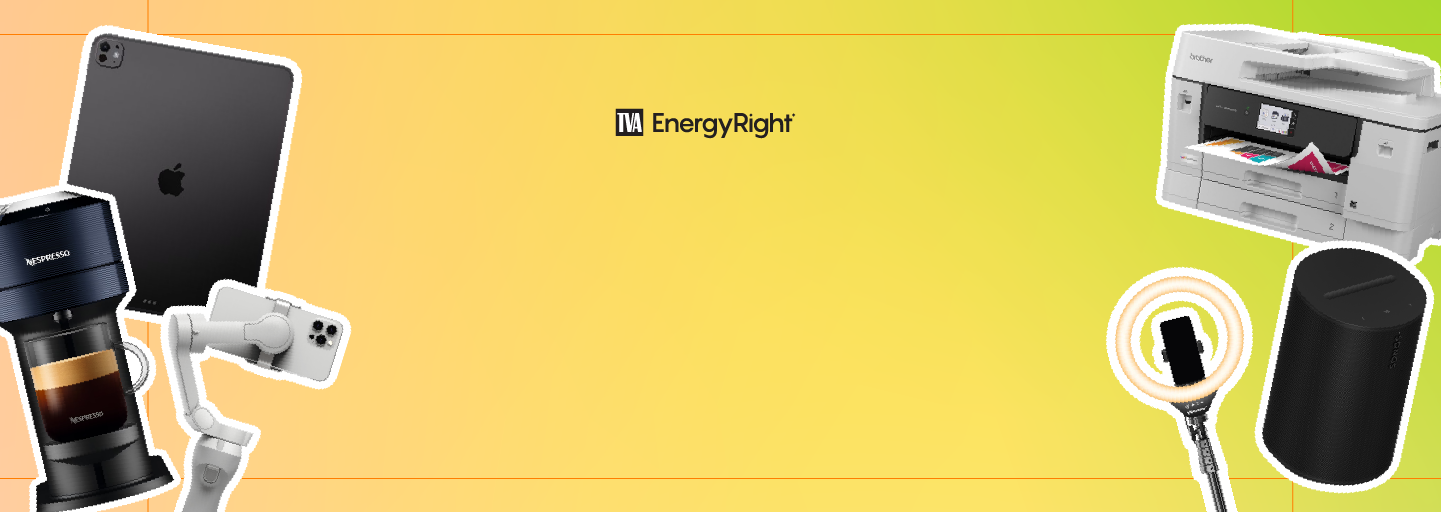 TVA EnergyRight corporate logo above an assortment of modern home electronics, including a tablet, coffee maker, printer, and speaker.