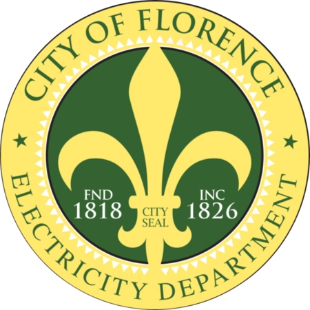 City of Florence Electricity Department seal featuring a fleur-de-lis, established 1818 and incorporated 1826.