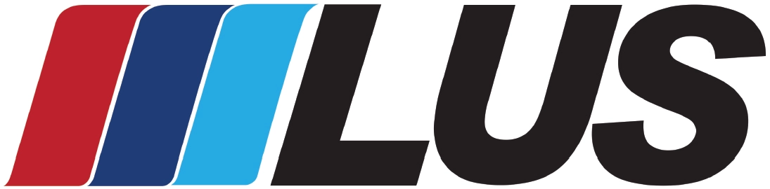 LUS corporate logo with four diagonal bars in red, dark blue, light blue, and black.