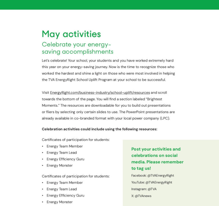 TVA EnergyRight School Uplift Program May activities: Celebrate energy savings, use resources, and share on social media.