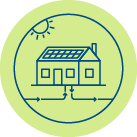 Energy-efficient home featuring rooftop solar panels, sun, and a geothermal heat pump system for sustainable heating and cooling.